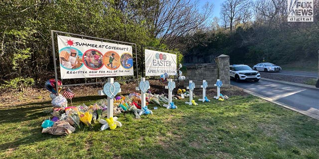 Memorials for the six victims who were killed in a mass shooting are placed outside of The Covenant School in Nashville, Tennessee on Tuesday, March 28, 2023. On Monday, three adults and three children were killed inside the school.
