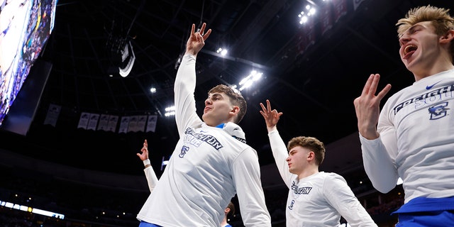 The Creighton Bluejays bench reacts after a three point basket during the second half against the Baylor Bears in the second round of the NCAA Men's Basketball Tournament at Ball Arena on March 19, 2023 in Denver, Colorado.