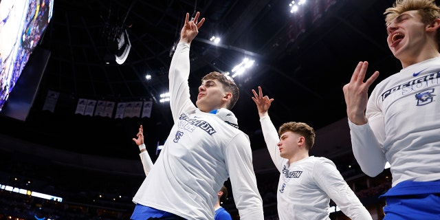 The Creighton Bluejays bench reacts after a three point basket during the second half against the Baylor Bears in the second round of the NCAA Men's Basketball Tournament at Ball Arena on March 19, 2023 in Denver, Colorado.