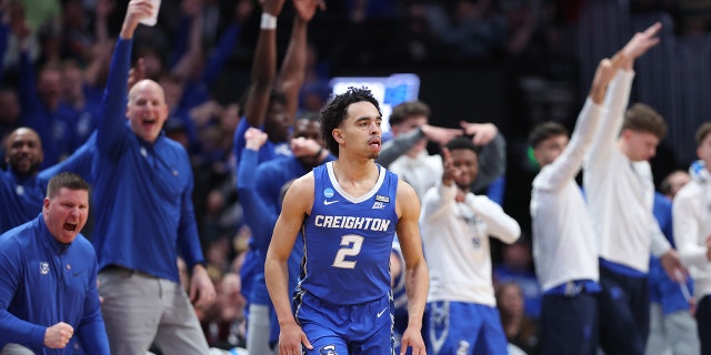Ryan Nembhard #2 of the Creighton Bluejays reacts after a three point basket during the second half against the Baylor Bears in the second round of the NCAA Men's Basketball Tournament at Ball Arena on March 19, 2023 in Denver, Colorado.