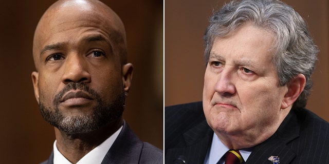 U.S. District Court judge nominee Kato Crews, left, and Sen. John Kennedy, R-La.