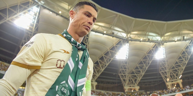 Cristiano Ronaldo of Al-Nassr before the Saudi Professional League match between Al-Ittihad and Al-Nassr at King Abdullah Sports City, Jeddah on March 9, 2023 in Riyadh, Saudi Arabia.