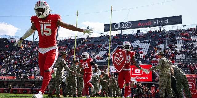 The DC Defenders take to the field before the XFL game against the St Louis BattleHawks at Audi Field on March 5, 2023 in Washington, DC