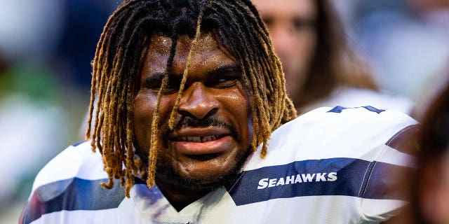 D.J. Fluker, #78 of the Seattle Seahawks, looks on prior to the start of a game against the Atlanta Falcons at Mercedes-Benz Stadium on Oct. 27, 2019 in Atlanta.