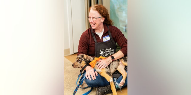 A Best Friends volunteer holds an adoptable puppy in her lap. The shelter's Los Angeles location is holding a "speed-dating" event on Saturday to place some of its dogs.