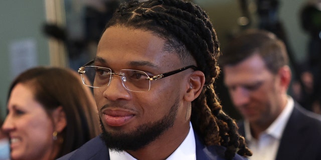 Buffalo Bills security Damar Hamlin attends an event with lawmakers to introduce the AED Access Act on March 29, 2023 in Washington, DC