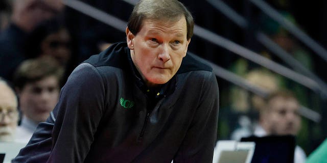Head coach Dana Altman of the Ducks watches from the sideline during the UCLA Bruins game at Matthew Knight Arena on Feb. 11, 2023, in Eugene, Oregon.