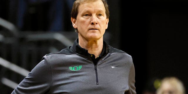 Head coach Dana Altman of the Oregon Ducks watches the UCLA Bruins game at Matthew Knight Arena on Feb. 11, 2023 in Eugene.
