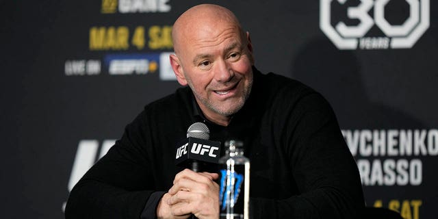 Dana White meets with the press following the fights at T-Mobile Arena for UFC 285 -Jones vs Gane : Event on March 4, 2023 in Las Vegas, NV, United States.