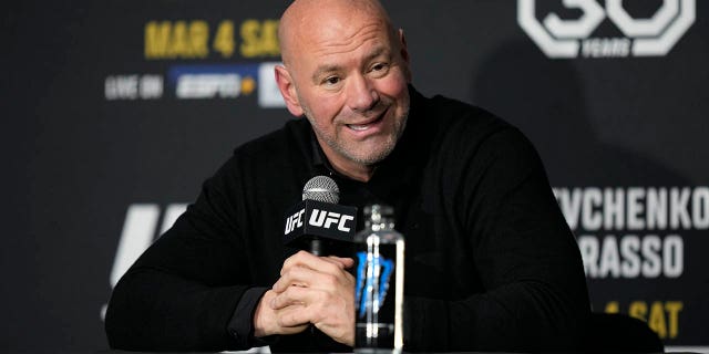 Dana White meets with the press following the fights at T-Mobile Arena for UFC 285 -Jones vs Gane : Event on March 4, 2023 in Las Vegas, NV, United States.