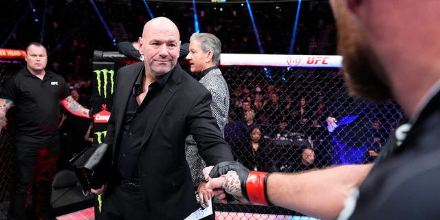 UFC President Dana White interacts with Jan Blachowicz of Poland after his split draw decision against Magomed Ankalaev of Russia in their UFC Light Heavyweight Championship bout during the UFC 282 event at T-Mobile Arena on February 10. December 2022 in Las Vegas, Nevada.