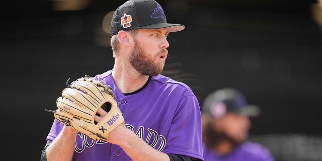 Daniel Bard, #52 of the Colorado Rockies, throws a bullpen at Salt River Fields at Talking Stick on Feb. 17, 2023 in Scottsdale, Arizona.