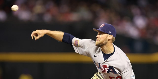 Relief pitcher Daniel Bard, #52 for Team USA, pitches against Team Colombia during the World Baseball Classic Pool C game at Chase Field on March 15, 2023 in Phoenix.