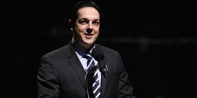 Former teammate Daniel Briere speaks during a pregame ceremony to honor Shane Doan and retire his jersey at Gila River Arena on February 24, 2019 in Glendale, Arizona.