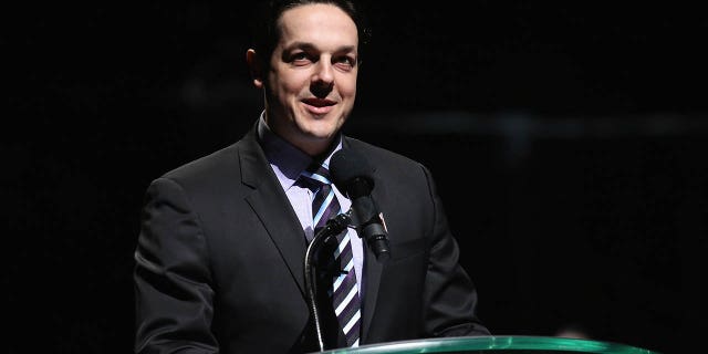 Former teammate Daniel Briere speaks during a pregame ceremony to honor Shane Doan and retire his jersey at Gila River Arena on February 24, 2019 in Glendale, Arizona.