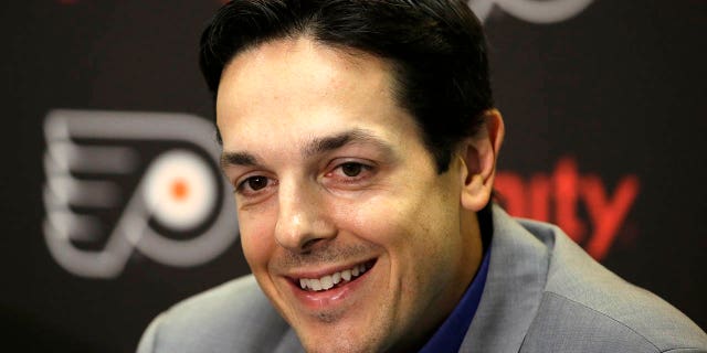 FILE - Danny Briere speaks during a news conference Tuesday, Aug. 18, 2015, in Voorhees, N.J.