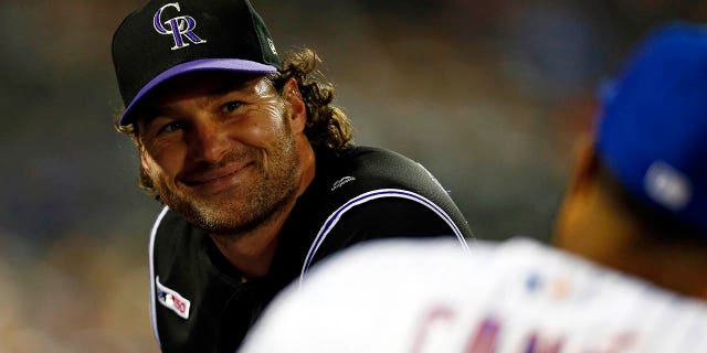Daniel Murphy, #9 of the Colorado Rockies, reacts during the eighth inning towards Robinson Cano, #24 of the New York Mets, at Citi Field on June 8, 2019 in the Flushing neighborhood of the Queens borough of New York City.