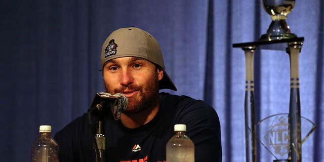 NLCS MVP Daniel Murphy, #28 of the New York Mets, speaks during a press conference after defeating the Chicago Cubs in game four of the 2015 MLB National League Championship Series at Wrigley Field on October 21 2015 in Chicago.