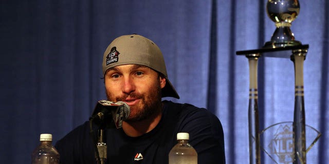 NLCS MVP Daniel Murphy, #28 of the New York Mets, speaks during a news conference after defeating the Chicago Cubs in game four of the 2015 MLB National League Championship Series at Wrigley Field October 21, 2015 in Chicago.