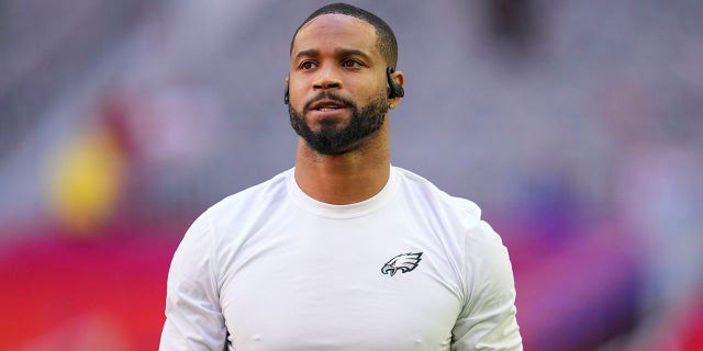 Darius Slay of the Philadelphia Eagles warms up against the Kansas City Chiefs prior to Super Bowl LVII at State Farm Stadium on Feb. 12, 2023, in Glendale, Arizona.