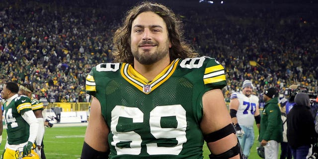 David Bakhtiari of the Packers on the field after a win over the Dallas Cowboys at Lambeau Field on Nov. 13, 2022, in Green Bay, Wisconsin.