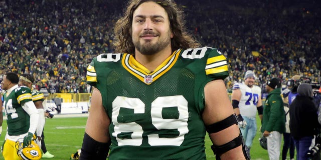 David Bakhtiari of the Packers on the field after a win over the Dallas Cowboys at Lambeau Field on Nov. 13, 2022, in Green Bay, Wisconsin.