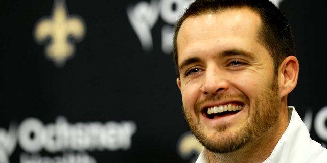Quarterback Derek Carr of the New Orleans Saints speaks to members of the media after signing a four-year contract with the Saints at New Orleans Saints Indoor Practice Facility on March 11, 2023 in New Orleans.