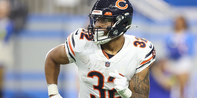 Chicago Bears running back David Montgomery (32) is seen during the first half of an NFL football game against the Detroit Lions in Detroit, Michigan USA, on Sunday, January 1, 2023 