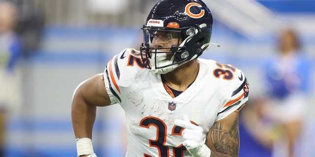 Chicago Bears running back David Montgomery (32) is seen during the first half of an NFL football game against the Detroit Lions in Detroit, Michigan USA, on Sunday, January 1, 2023 