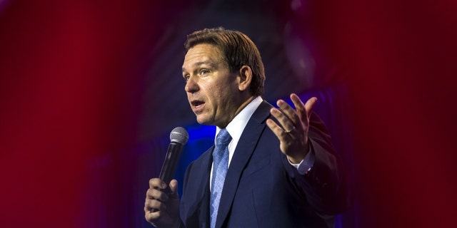 Florida Governor Ron DeSantis speaking at the Freedom Blueprint event March 10, 2023 in Des Moines, Iowa. 