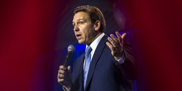 Florida Gov. Ron DeSantis speaks during a Freedom Blueprint event in Des Moines, Iowa, on March 10, 2023. 