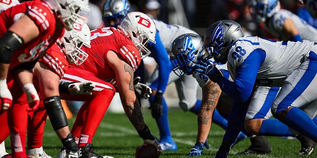 A general view as the DC Defenders offense lines up against the St Louis Battlehawks defense during the first half of the XFL game at Audi Field on March 5, 2023 in Washington, D.C.