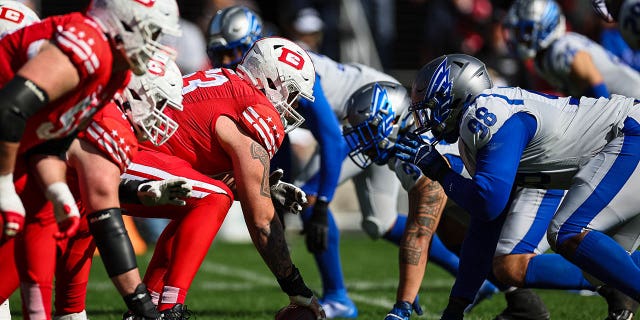 A general view as the DC Defenders offense lines up against the St Louis Battlehawks defense during the first half of the XFL game at Audi Field on March 5, 2023 in Washington, D.C.