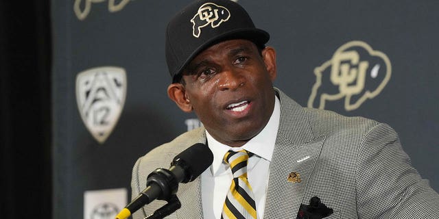 December 4, 2022;  Boulder, CO, USA;  Colorado Buffaloes head coach Deion Sanders speaks during a news conference at the Arrow Touchdown Club.