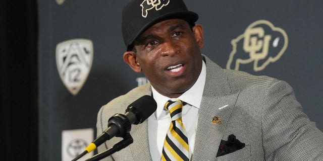 Dec 4, 2022; Boulder, CO, USA; Colorado Buffaloes head coach Deion Sanders speaks during a press conference at the Arrow Touchdown Club.