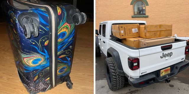 On the left side of this image is Peyton Thompson's damaged suitcase