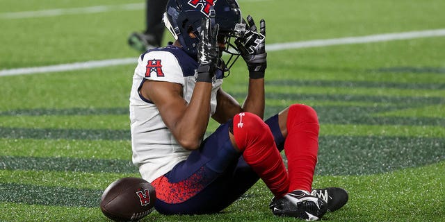 Houston Roughnecks wide receiver Deonte Burnett, #1, celebrates after scoring a touchdown during the XFL football game between the Houston Roughnecks and the Orlando Guardians at Camping World Stadium on March 11, 2023 in Orlando, Florida.