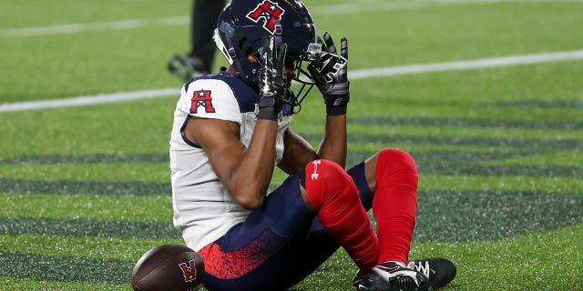 Houston Roughnecks wide receiver Deontay Burnett, #1, celebrates after scoring a touchdown during the XFL football game between the Houston Roughnecks and the Orlando Guardians on March 11, 2023 at Camping World Stadium in Orlando, Florida.