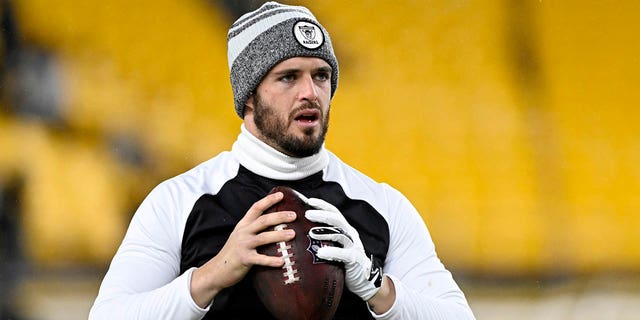 Derek Carr of the Las Vegas Raiders warms up before the Steelers game at Acrisure Stadium on Dec. 24, 2022, in Pittsburgh.