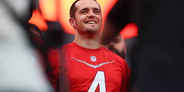 Quarterback Derek Carr, #4, participates during a Pro Bowl rehearsal event at Allegiant Stadium on Feb. 4, 2023, in Las Vegas.