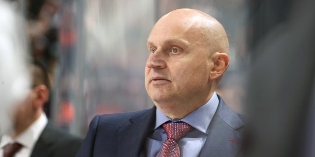 Detroit Red Wings head coach Derek LaLonde watches the play on the ice during the first period against the Philadelphia Flyers at the Wells Fargo Center on March 5, 2023 in Philadelphia.