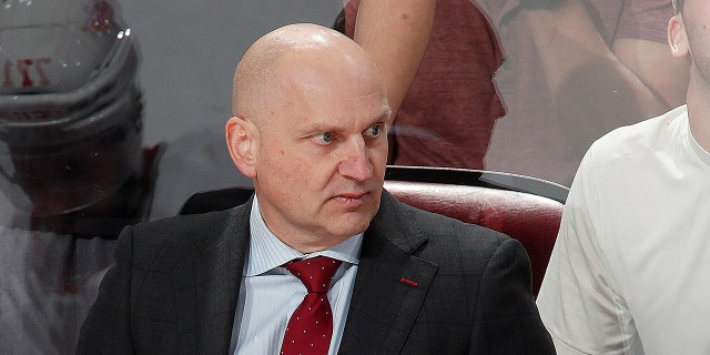 Detroit Red Wings head coach Derek Lalonde monitors game progress from the bench against the Florida Panthers at the FLA Live Arena on Dec. 8, 2022 in Sunrise, Florida.