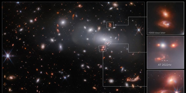 This observation from the NASA/ESA/CSA James Webb Space Telescope contains three different images of the same supernova-hosting galaxy, all of which were created by a colossal gravitational lens.