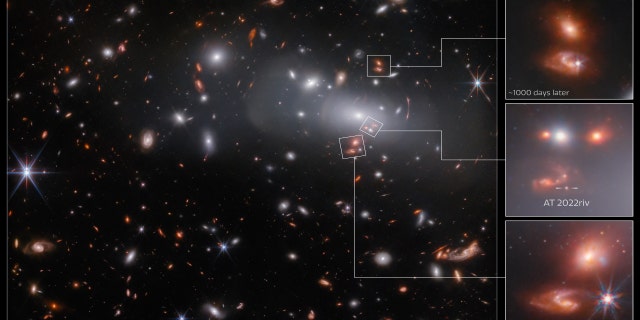 This observation from the NASA/ESA/CSA James Webb Space Telescope contains three different images of the same supernova-hosting galaxy, all of which were created by a colossal gravitational lens.