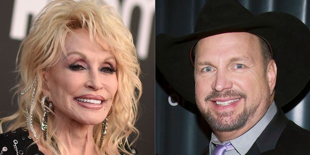 Dolly Parton appears at the Rock &amp; Roll Hall of Fame Induction Ceremony in Los Angeles on Nov. 5, 2022, left, and Garth Brooks appears at the George H.W. Bush Points of Light Awards Gala in New York on Sept. 26, 2019.