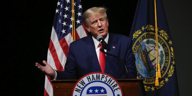 Former President Donald Trump speaks during the New Hampshire Republican State Committee 2023 annual meeting, Jan. 28, 2023, in Salem, New Hampshire.