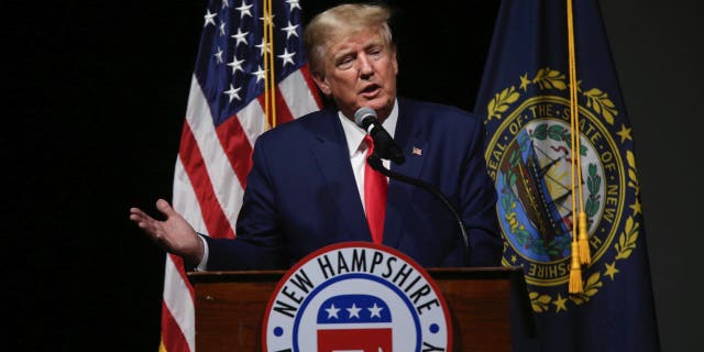 Former President Donald Trump speaks during the New Hampshire Republican State Committee 2023 annual meeting, Saturday, Jan. 28, 2023, in Salem, NH (AP Photo/Reba Saldanha)