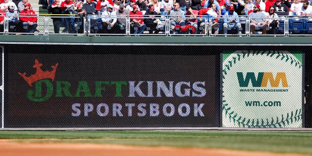 A Draftkings Sportsbook sign in right field during the Major League Baseball game.