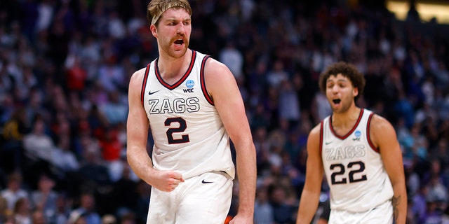 Drew Timme #2 of the Gonzaga Bulldogs reacts after scoring during the second half against the TCU Horned Frogs in the second round of the NCAA Men's Basketball Tournament at Ball Arena on March 19, 2023 in Denver, Colorado.