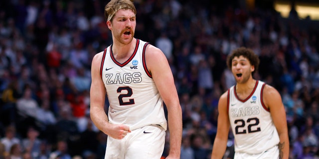 Drew Timme #2 of the Gonzaga Bulldogs reacts after scoring during the second half against the TCU Horned Frogs in the second round of the NCAA Men's Basketball Tournament at Ball Arena on March 19, 2023, in Denver, Colorado.